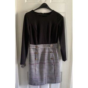 DKNY Women’s BLACK/ White Houndstooth Sheath Dress Golden Buttons Sz 8 SEE